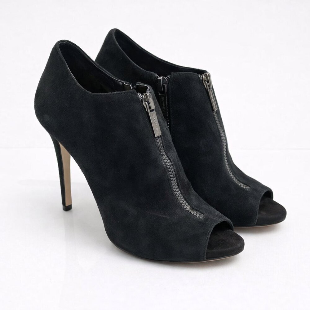 Gianni Bini Cadence Black Suede Peep Toe Stiletto Dual Zip Booties Size 8M